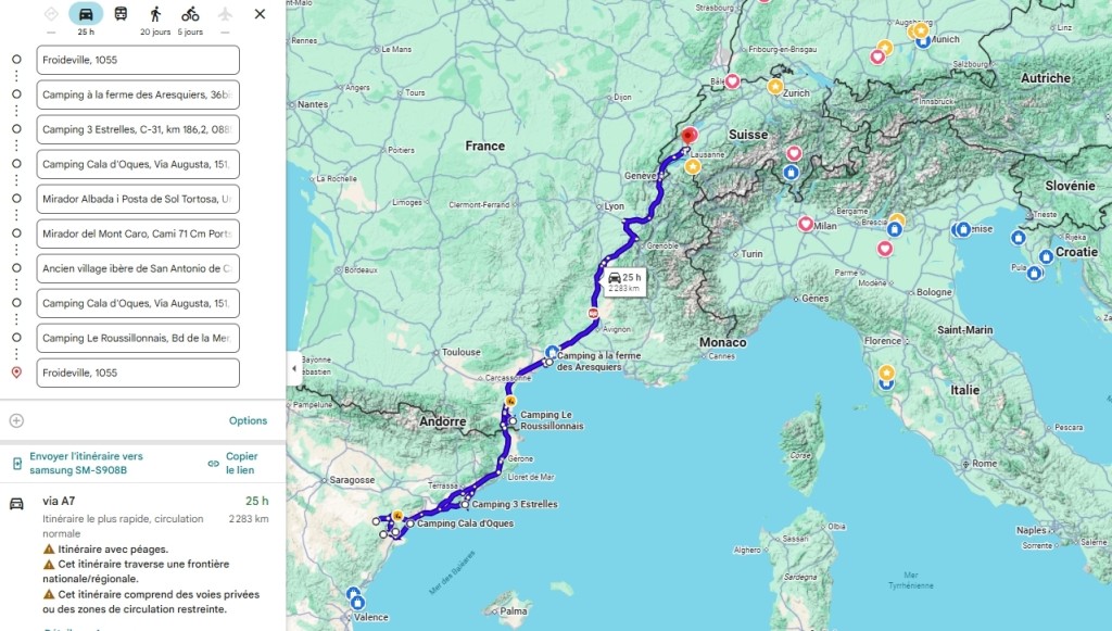 Carte avec les noms des campings visités